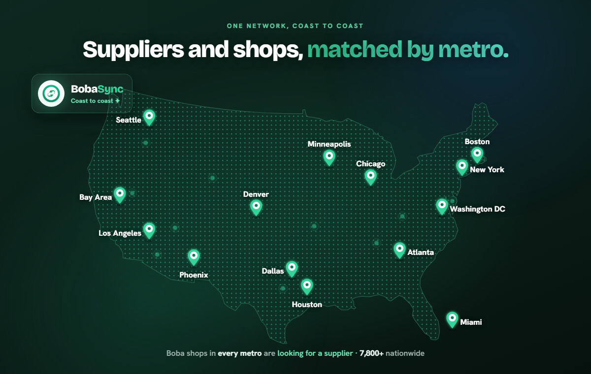 Map of the United States with boba shops in Seattle, the Bay Area, Los Angeles, Phoenix, Denver, Dallas, Houston, Chicago, Atlanta, New York and more — all looking for a supplier on BobaSync