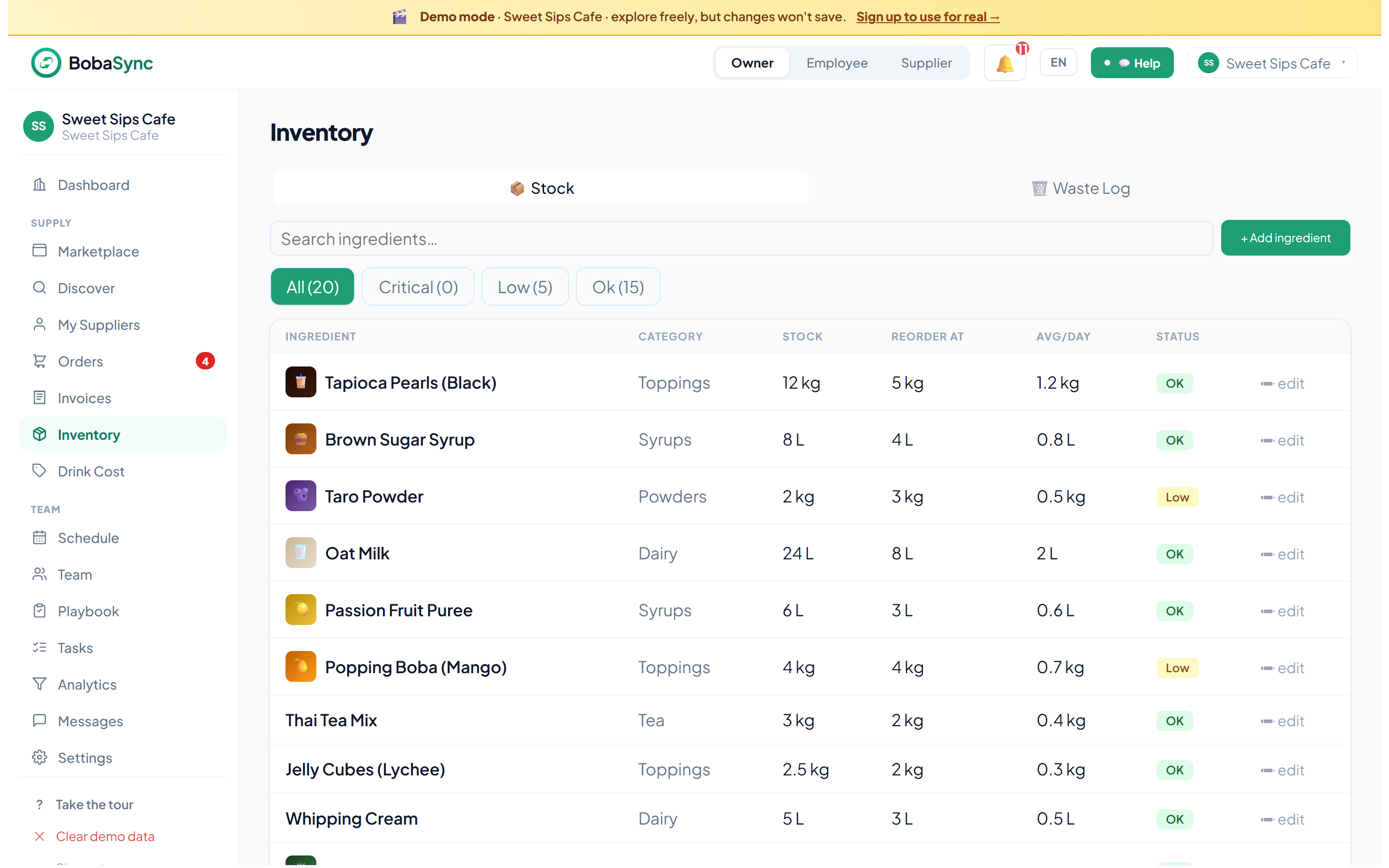 BobaSync inventory — stock levels with low-stock alerts