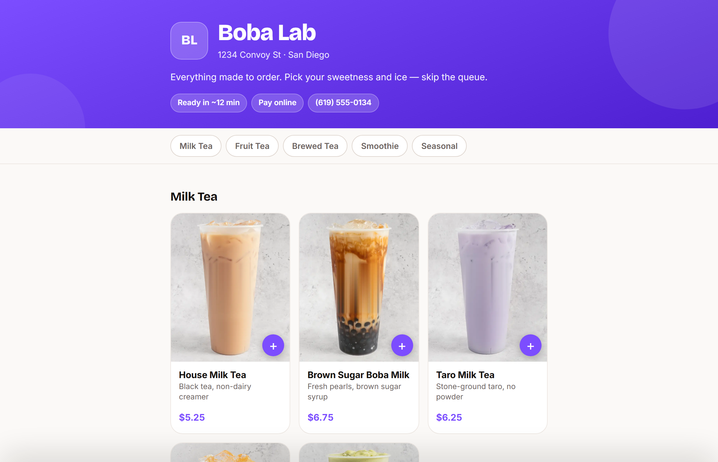 A boba shop's own ordering page on BobaSync — menu with photos, prices and pickup time