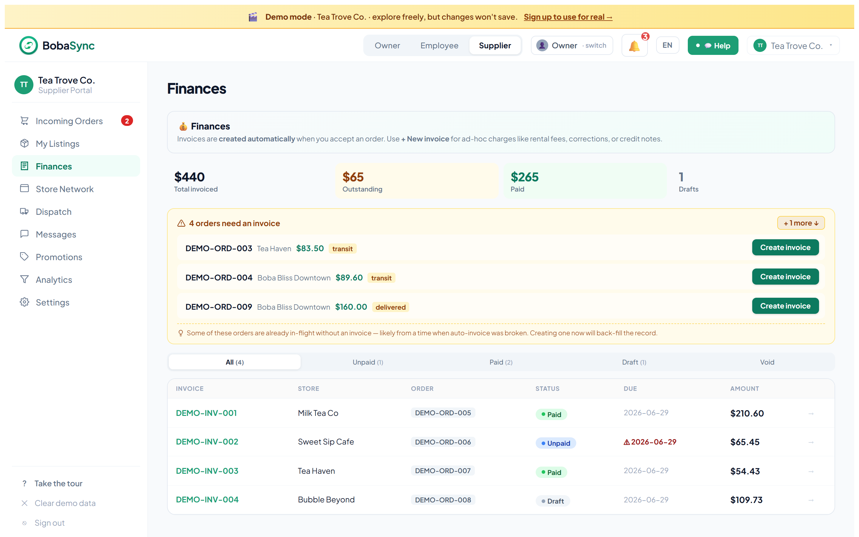 BobaSync supplier — invoices and payments