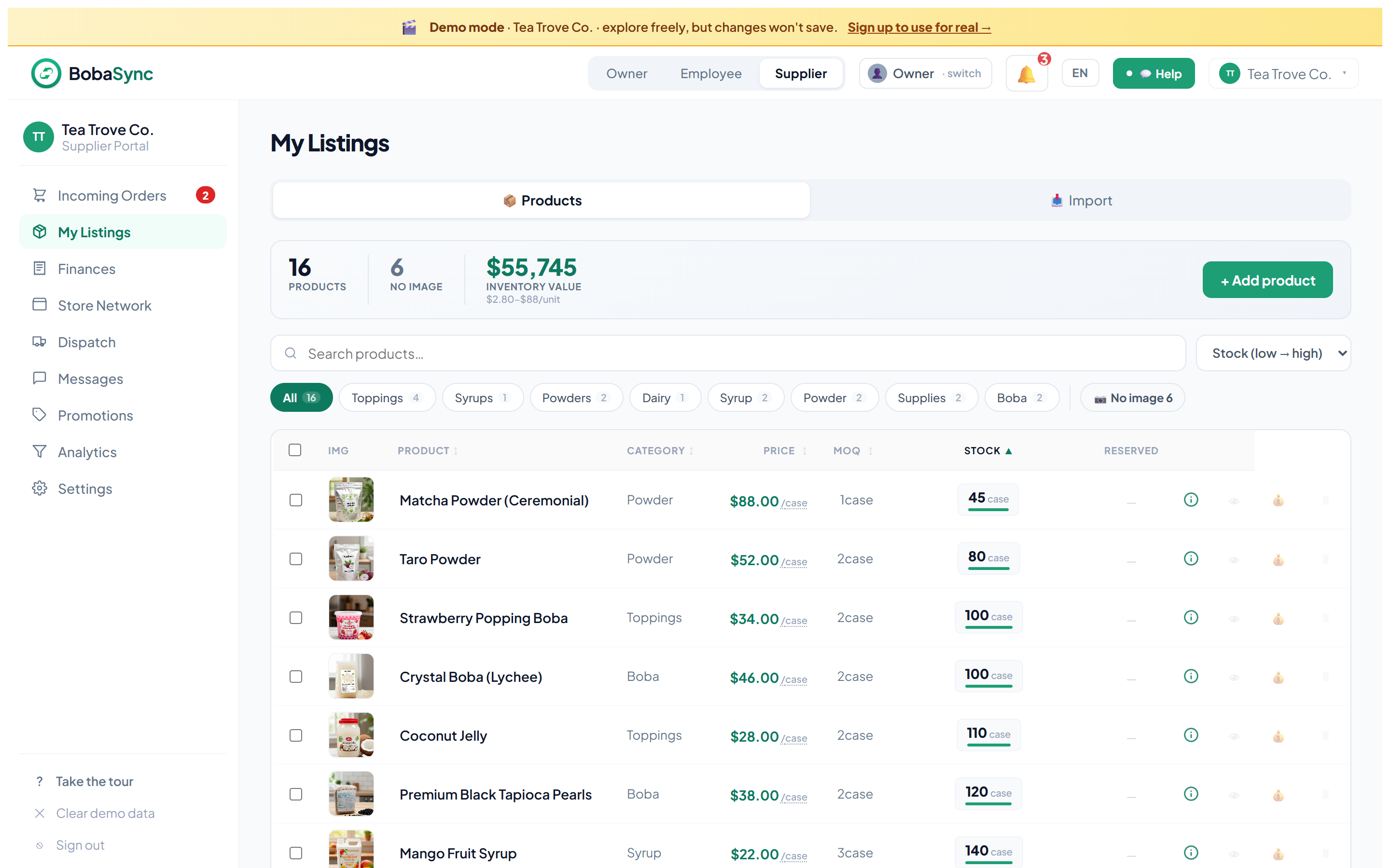 BobaSync supplier — product catalog